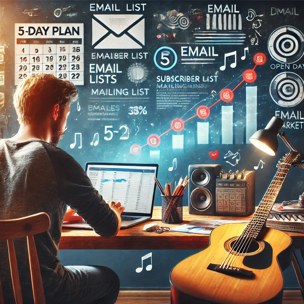DALL·E 2024-10-23 17.31.15 - A focused and creative scene showing a musician sitting at a desk with a guitar nearby, working on building their mailing list. The screen of their la formation marketing musical cpf